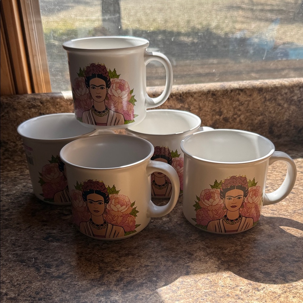 Artistic White Ceramic Mug Set with Frida Kahlo Design